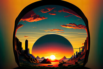 Sun setting over virtual reality landscape. Generative Ai