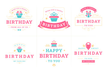 Obraz premium Happy birthday holiday pink vintage label and badge set for greeting card vector flat illustration