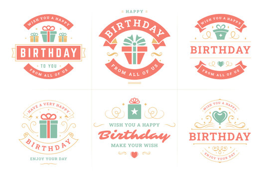 Happy birthday red vintage label and badge set for greeting card design vector flat illustration