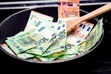 Euro banknotes in a frying pan on the stove in the kitchen. The banker stirs the money so that it...