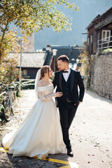 Naklejka premium Loving bride and groom looking at each other and walking through the street