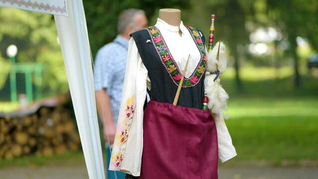Traditional Bulgarian women's costume on green background