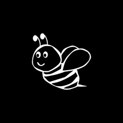 Funny bee in doodle style. Hand drawn cute flying insect icon isolated on black background. 