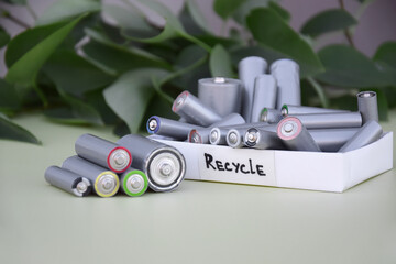 Used AA batteries and proper disposal of environmentally and soil-toxic batteries on a green...