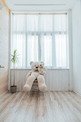 soft bear toys in a large bright children's room