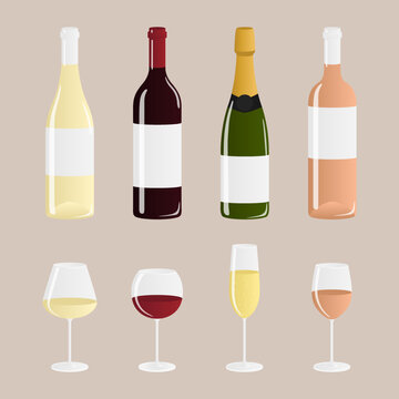 Collection de bouteille et verre de vin : vin rouge, blanc, ros&eacute; et champagne, verre &agrave; pied de boisson pour la c&eacute;l&eacute;bration