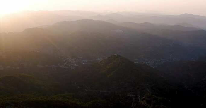 Sunset over Prodromos village in Troodos mountains. Limassol District, Cyprus