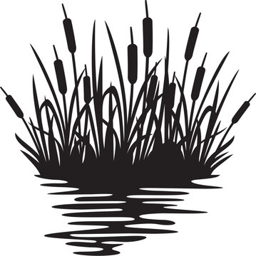 Reeds silhouette design reflecting over the lake or river. Illustration of bulrush and grass or river.