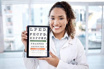 Eye chart, portrait and doctor with tablet in hospital for vision examination in clinic....