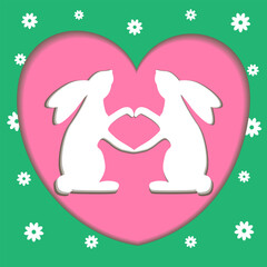 Postcard in the style of paper cut in a pink heart, rabbits make heart paws on a turquoise background.
