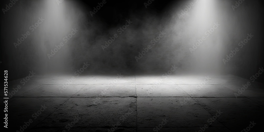 Poster empty space of studio dark room concrete floor grunge texture background with spot lighting and fog 