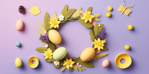 Easter egg wreath flat lay with pastel colored eggs against a yellow background. Generative AI