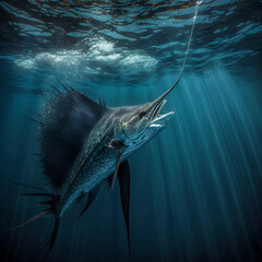 An underwater shot of a sailfish running on a fish - Generated by Generative AI