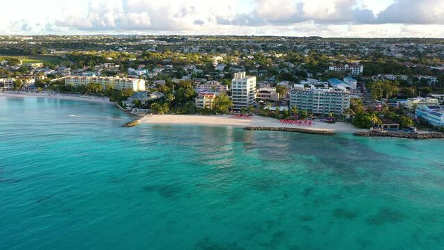 Barbados coast, ocean, beach and hotels, aerial view