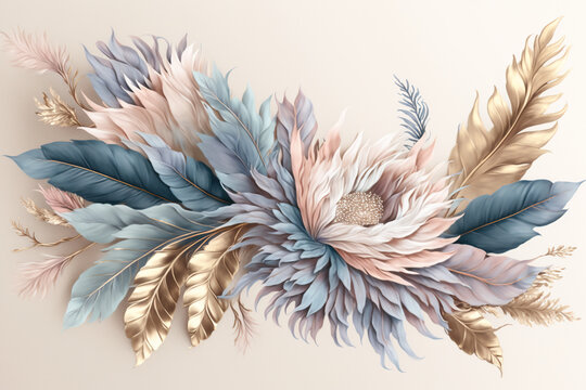 Abstract design with feathers in pastel colors for prints, postcards or wallpaper. AI
