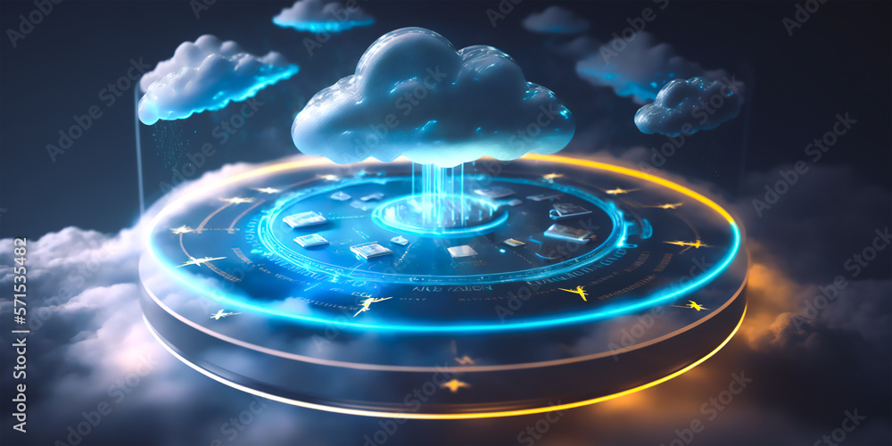 Poster cloud services powered by artificial intelligence, futuristic storage solutions generative ai