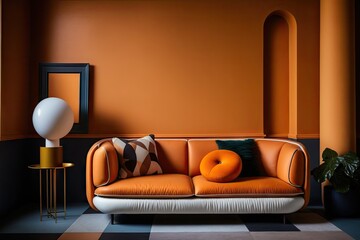 Orange leather sofa in living room with little furnishings against two tone walls. Generative AI