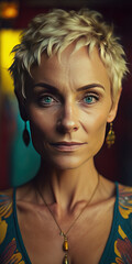 Fototapeta premium portrait of an adult woman with a short haircut. Confident and friendly look. Generative AI