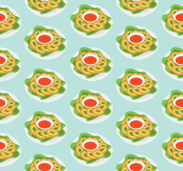 Seamless pattern with Asian cuisine dish squid rings. Template for fabric, textile, wallpaper, paper, packaging. Vector illustration