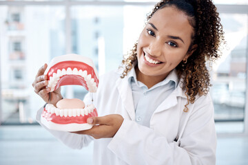 Dentures, healthcare and portrait of dentist for dental wellness, teeth whitening and oral care....