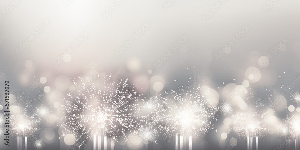 Wall mural Fireworks in silver and white, bokeh, and copy space on New Year's Eve. holiday with an abstract backdrop. Generative AI