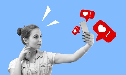 Creative collage of girl use smartphone with like icons