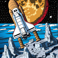 view from moon to earth with space shutlle in comic style created with Generative AI technology	
