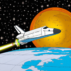 view from moon to earth with space shutlle in comic style created with Generative AI technology	