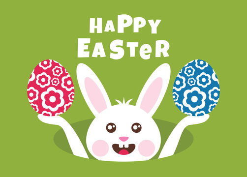 Happy Easter greeting card with a white bunny holding Easter eggs. Vector illustration.