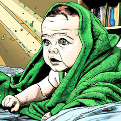 Baby wearing green cloth in sunny bedroom newborn child relaxing after bath or shower comic style created with Generative AI technology	
