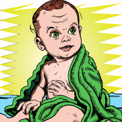 Baby wearing green cloth in sunny bedroom newborn child relaxing after bath or shower comic style created with Generative AI technology	

