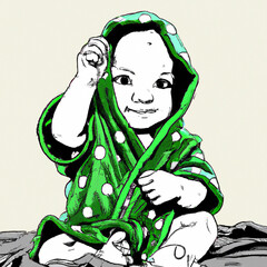 Baby wearing green cloth in sunny bedroom newborn child relaxing after bath or shower comic style created with Generative AI technology	
