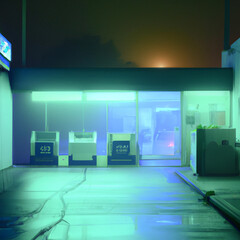 late night laundromat, foggy, neon created with Generative AI technology	

