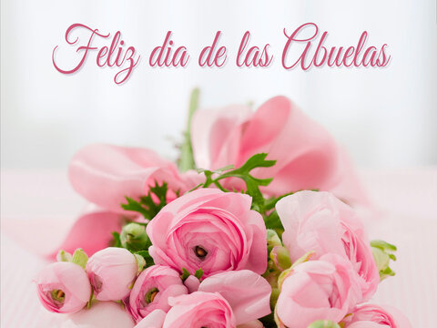tarjeta o pancarta para desear un feliz día de la abuela en rosa sobre un fondo gris en efecto bokeh y debajo de un ramo de flores rosas