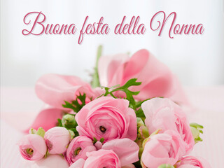 biglietto o banner per augurare una buona festa della nonna in rosa su sfondo grigio con effetto bokeh e sotto un bouquet di fiori rosa