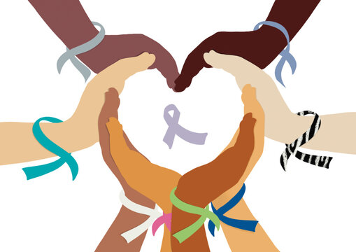 Cancer awareness and cultural differences. Heart-shaped hands in the colours of the cancer ribbons. Day of solidarity against diseases and discrimination. Isolated  image.