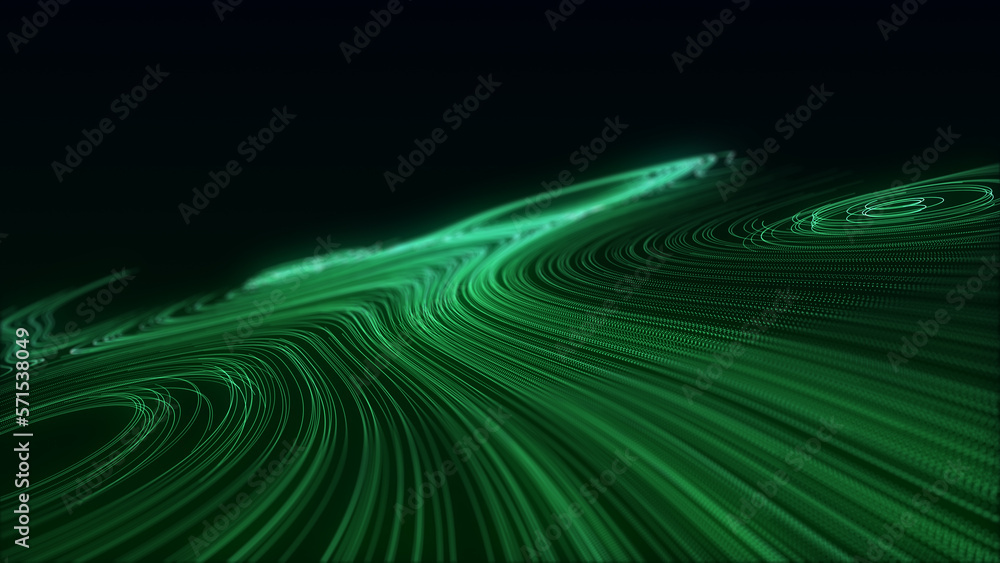 Poster flow of particles. big data visualization. digital technology wave. futuristic cyberspace. abstract 