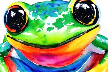 Abstract, multi-colored, neon portrait of a frog in the style of pop art on a colorful background. Splashes and drops of paint. Ideal for decorative painting. generative AI.