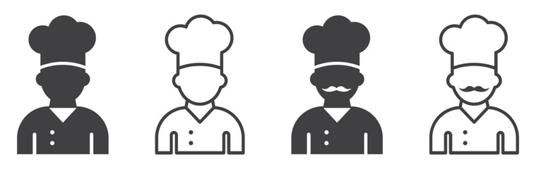 Set of chef icons. Uniform and cook, man chef worker, silhouette of man in hat. Professional chef. Vector.