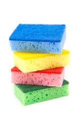 Kitchen sponge isolated on a white background. Washing sponge close-up view photo. Washcloths.