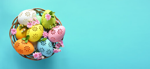 Multi colors Easter eggs in the basket and flowers on blue background. Pastel color Easter eggs.