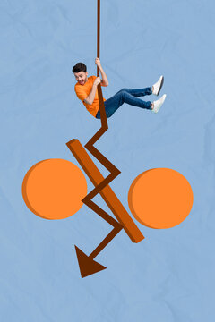 Creative collage photo picture poster image of crazy funky man hanging arrow looking precipice isolated on painted background