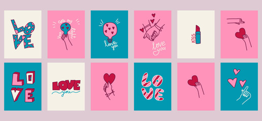 Fototapeta na wymiar Set of Valentine’s day gift cards, flyer, tags, banner templates with minimalistic doodle elements. Design elements for print, posters, invitations, banners. 