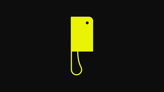 Yellow Meat chopper icon isolated on black background. Kitchen knife for meat. Butcher knife. 4K Video motion graphic animation