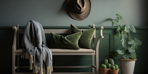 Pillow and blanket on bench in green apartment interior with plant, pouf and hat on ladder. Real photo. Generative AI