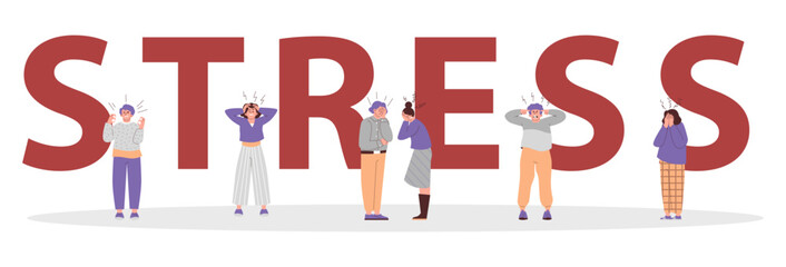 Stress concept typography header with tiny characters, flat vector illustration isolated on white background.
