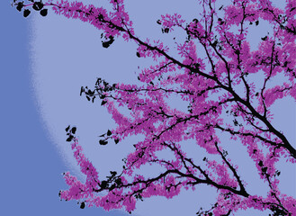 branches with purple flowers on a blue background. abstract vector pattern