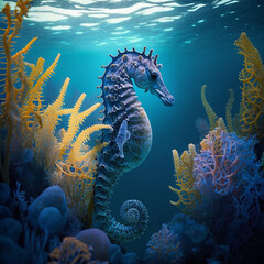 Blue seahorse underwater among corals. Generative AI