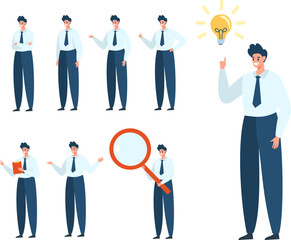 A set of vector characters. Male businessman in different situations. Standing guy, hands on chest, magnifying glass, idea