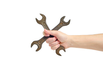 Wrenches in hand white background, concept for Labor Day in May.